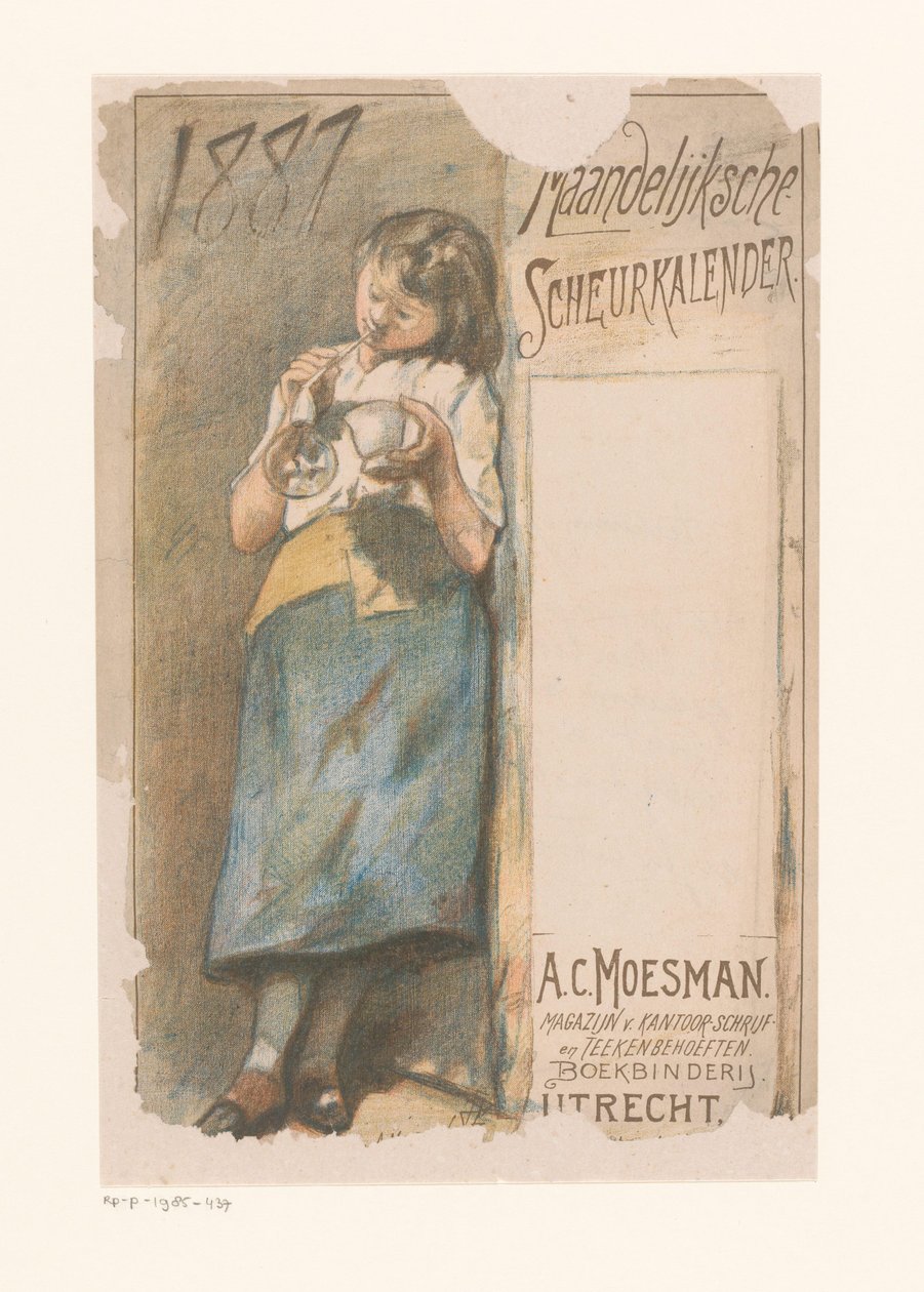 Trhací kalendář s dívkou foukající bubliny Měsíční kalendář slz 1887 (název na objektu) od Johannes Moesman