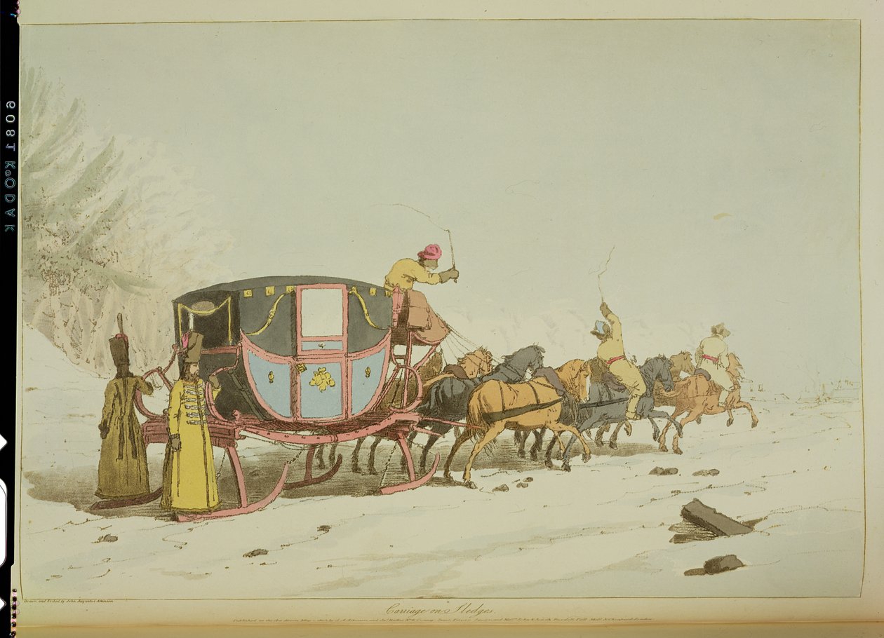 Kočár na saních, leptaný umělcem, publikoval 1803 od John Augustus Atkinson