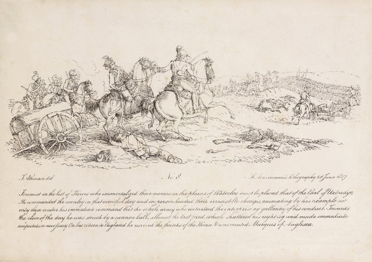 Hrabě z Uxbridge, který v bitvě u Waterloo vedl oddíl kavalérie, jeho pravá noha byla právě zasažena dělovou koulí, litografie R. Ackermann, 1815 od John Augustus Atkinson