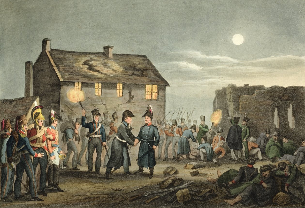 Setkání Wellingtona a Bluchera při nehodě na konci bitvy u Waterloo, vyryto Matthewem Dubourgem (fl. 1813-20) z 
