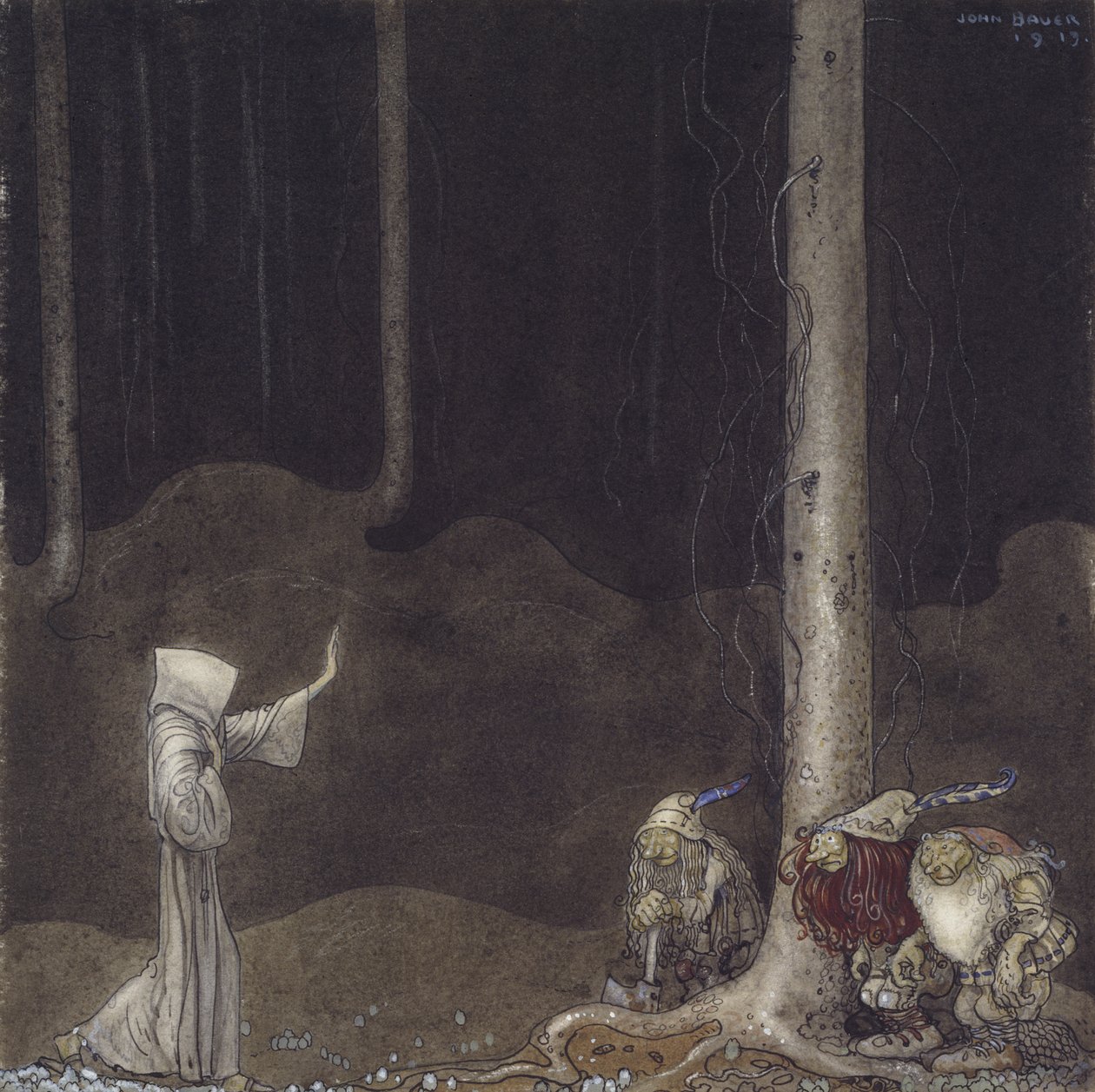 Bratr sv. Martin a tři trollové, 1913 (wc na papíře) od John Bauer
