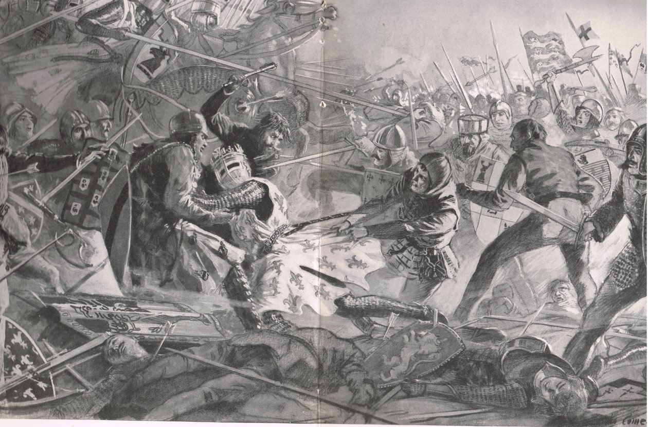 Filip znovu a znovu útočil, dokud ho anglická pěchota nesundala z koně, ilustrace z knihy "British Battles on Land and Sea", vydané nakladatelstvím Cassell, Londýn, cca 1910. od John Cameron
