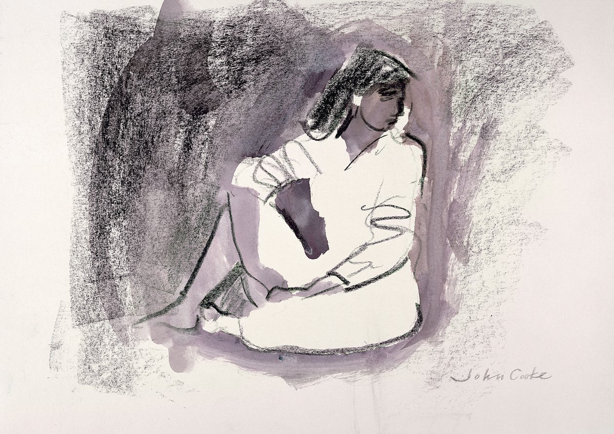 Sedící postava, 1999 (vosková pastelka a wash na papíře) od John Cooke