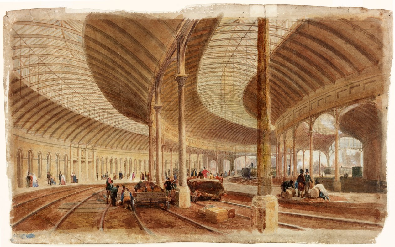 Interiér hlavního nádraží, Newcastle upon Tyne (bc, tužka a wc na papíře) od John Dobson