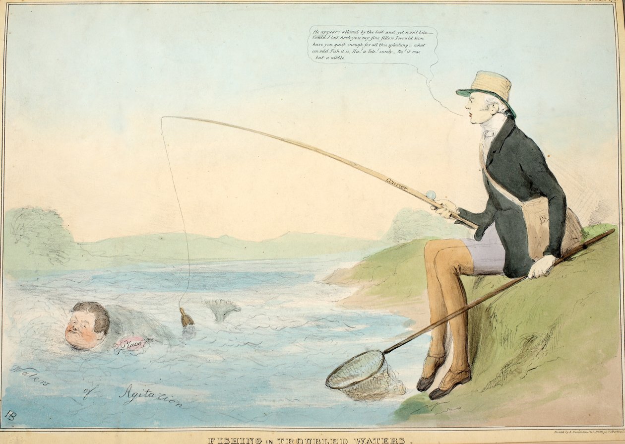Fishing in Troubled Water, pub. 1832 (ručně kolorovaný lept) od John Doyle
