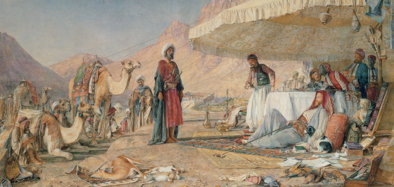 Frank Encampment in the Desert of Mount Sinai, 1842, 1856 (wc und kvaš přes tužku na papíře) od John Frederick Lewis