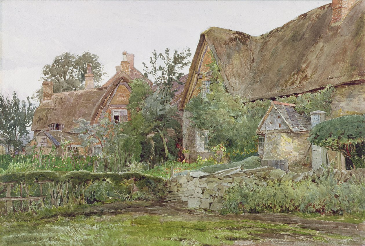 Doškové domky a chatové zahrady, 1881 (wc a grafit na papíře) od John Fulleylove
