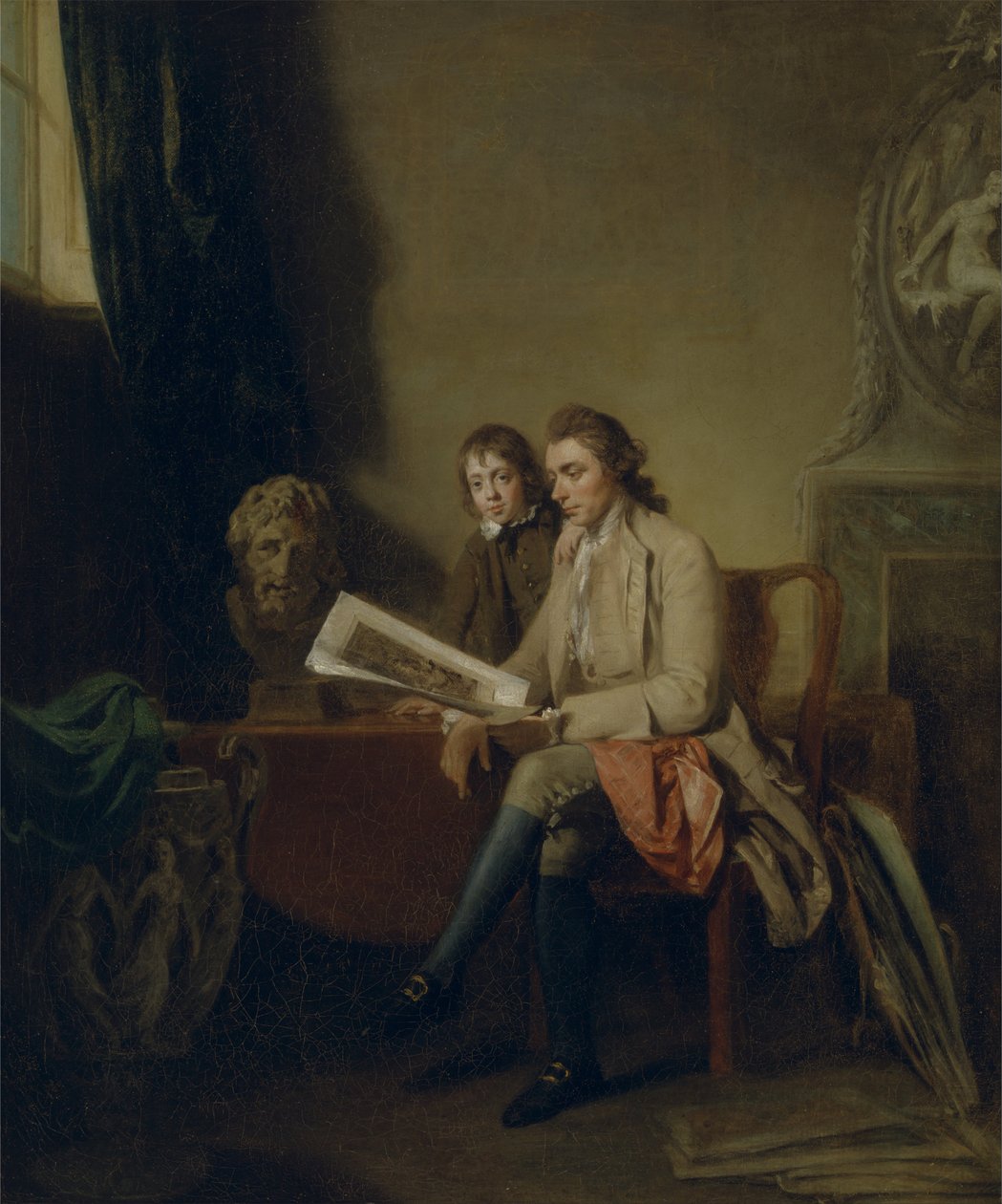 Portrét muže a chlapce při pohledu na tisky od John Hamilton Mortimer