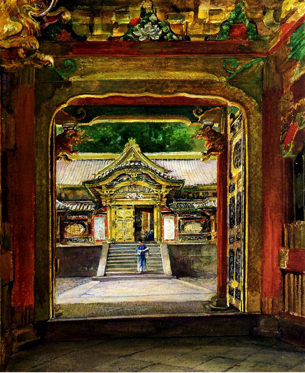 3. brána, chrám Iyemitsu, Nikko, Japonsko, kolem roku 1886 (wc und kvaš na papíře) od John La Farge or Lafarge