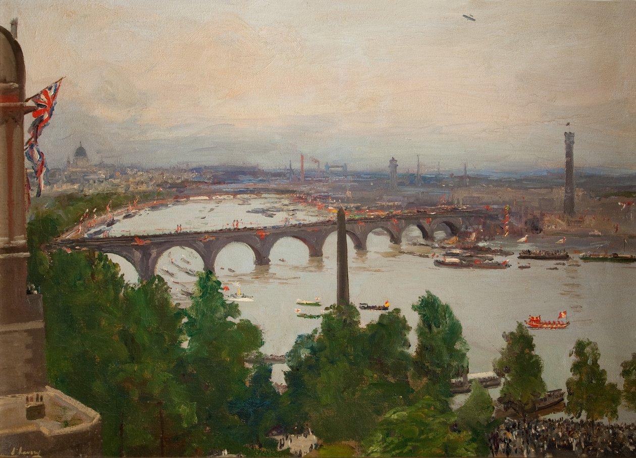 Pohled na řeku Pageant z domu sira Jamese Barriese, Adelphi Terrace, Londýn, 4. srpna 1919, 1919 od John Lavery