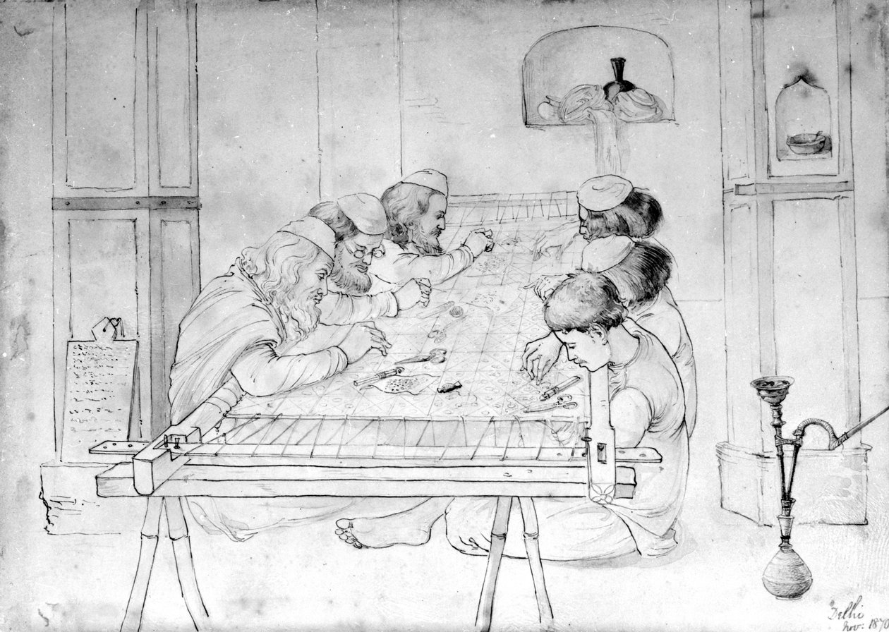 Muži pracující na vyšívacím rámečku, 1870 (tužka, pero a pero na papíře) od John Lockwood Kipling