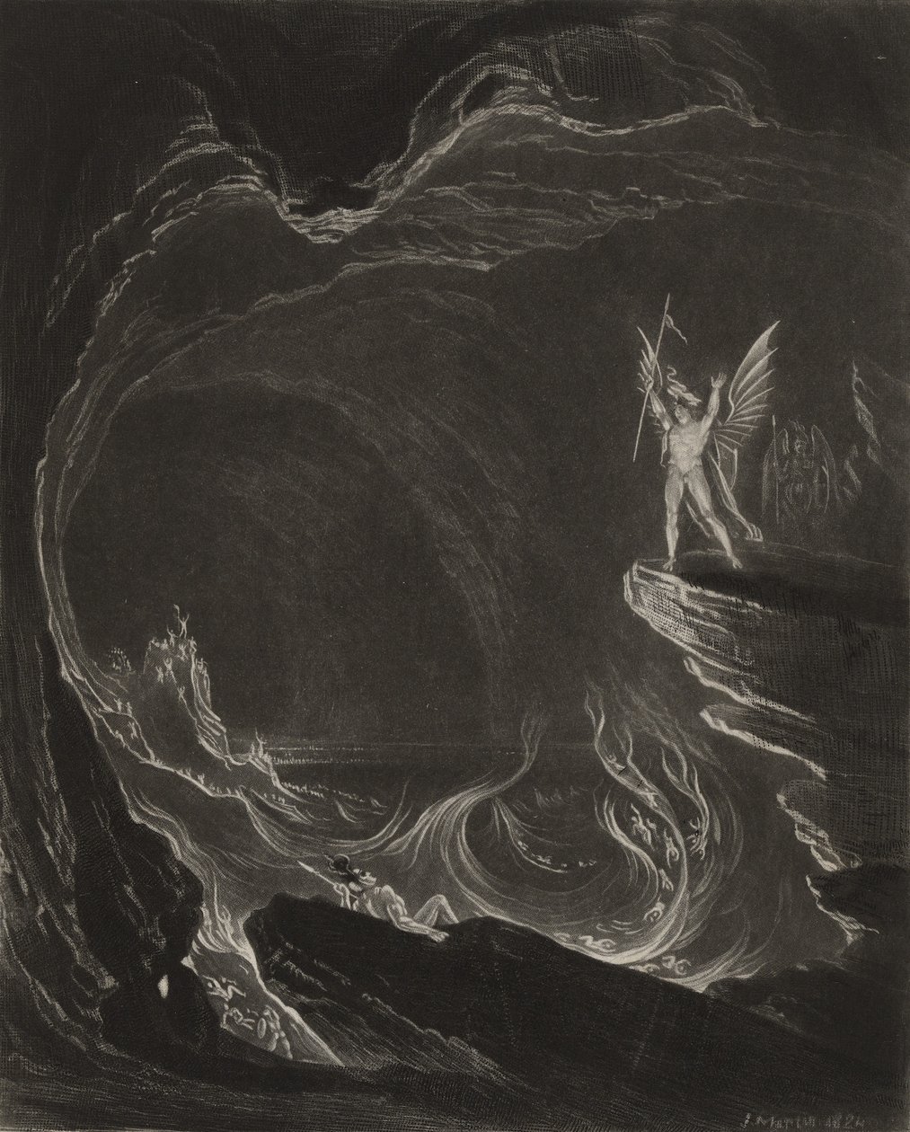 Satan a padlí andělé, asi 1827 (mezzotinta) od John Martin