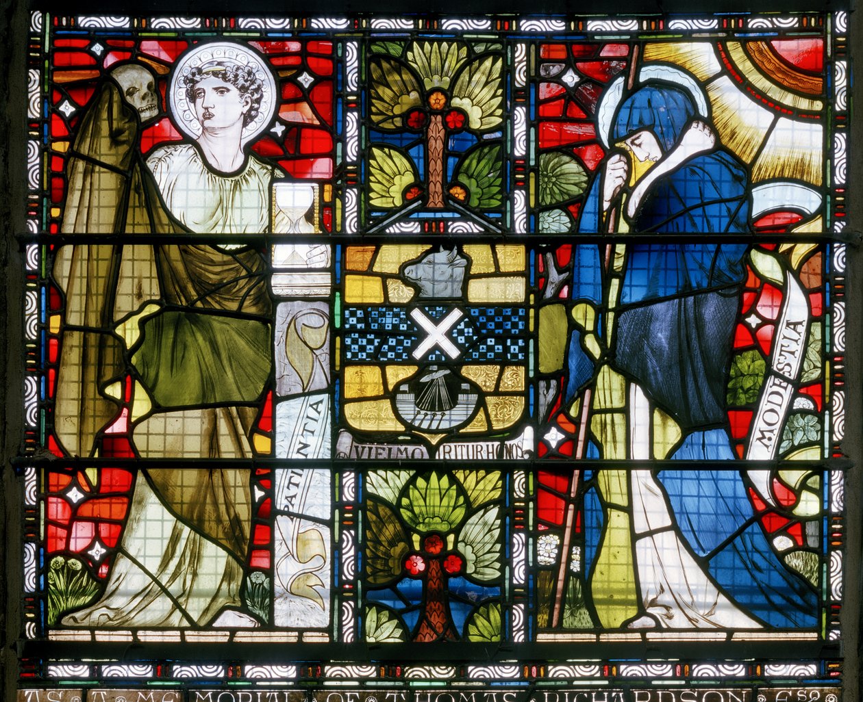 Paisley Abbey, Cottire & Co, připisován John Moyr Smith, Patience & Modesty, 1873 od John Moyr attr.to Smith