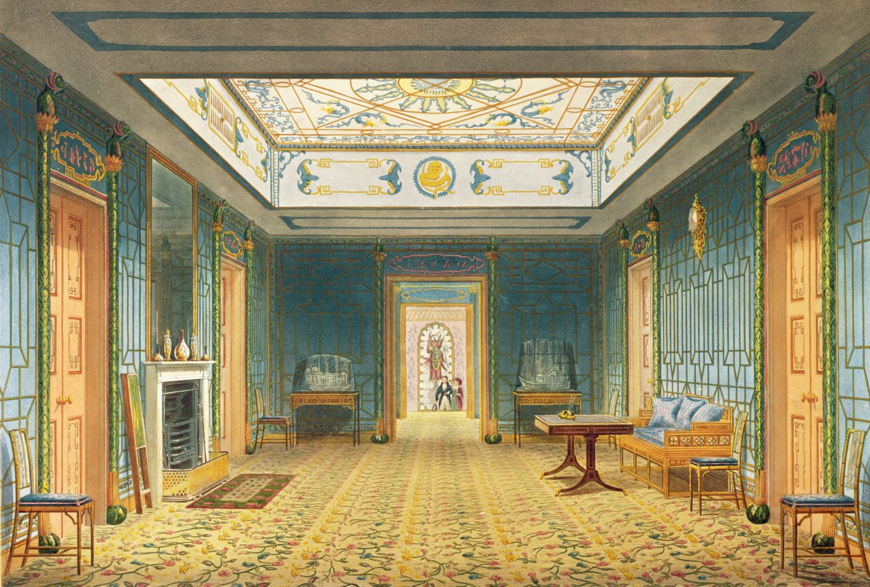 Dvojitá lobby nebo galerie (jih) nad koridorem z pohledu na Royal Pavilion, Brighton od Johna Nashe, 1826 (tisk) od John Nash