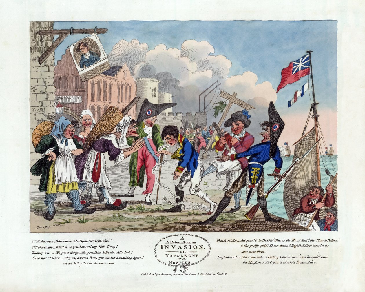 Návrat z invaze aneb Napoleon at a Nonplus, vydáno 1803 (ručně kolorovaný lept) od John Nixon