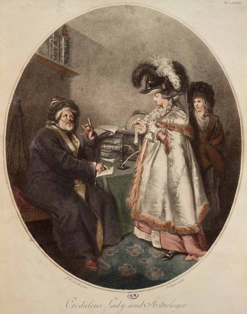 Důvěřivá dáma a astrolog, vyryl Pierre Simon (d.c.1810) od John Raphael Smith