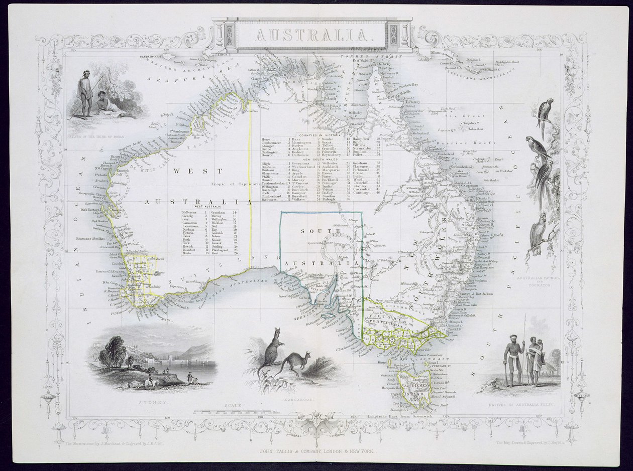 Austrálie, ze série map světa vydané Johnem Tallisem und Co., Londýn a New York, 50. léta 19. století od John Rapkin