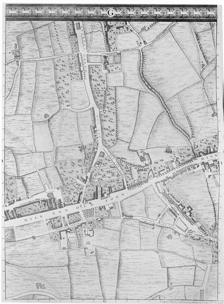 Mapa Mile End, Londýn, 1746 od John Rocque