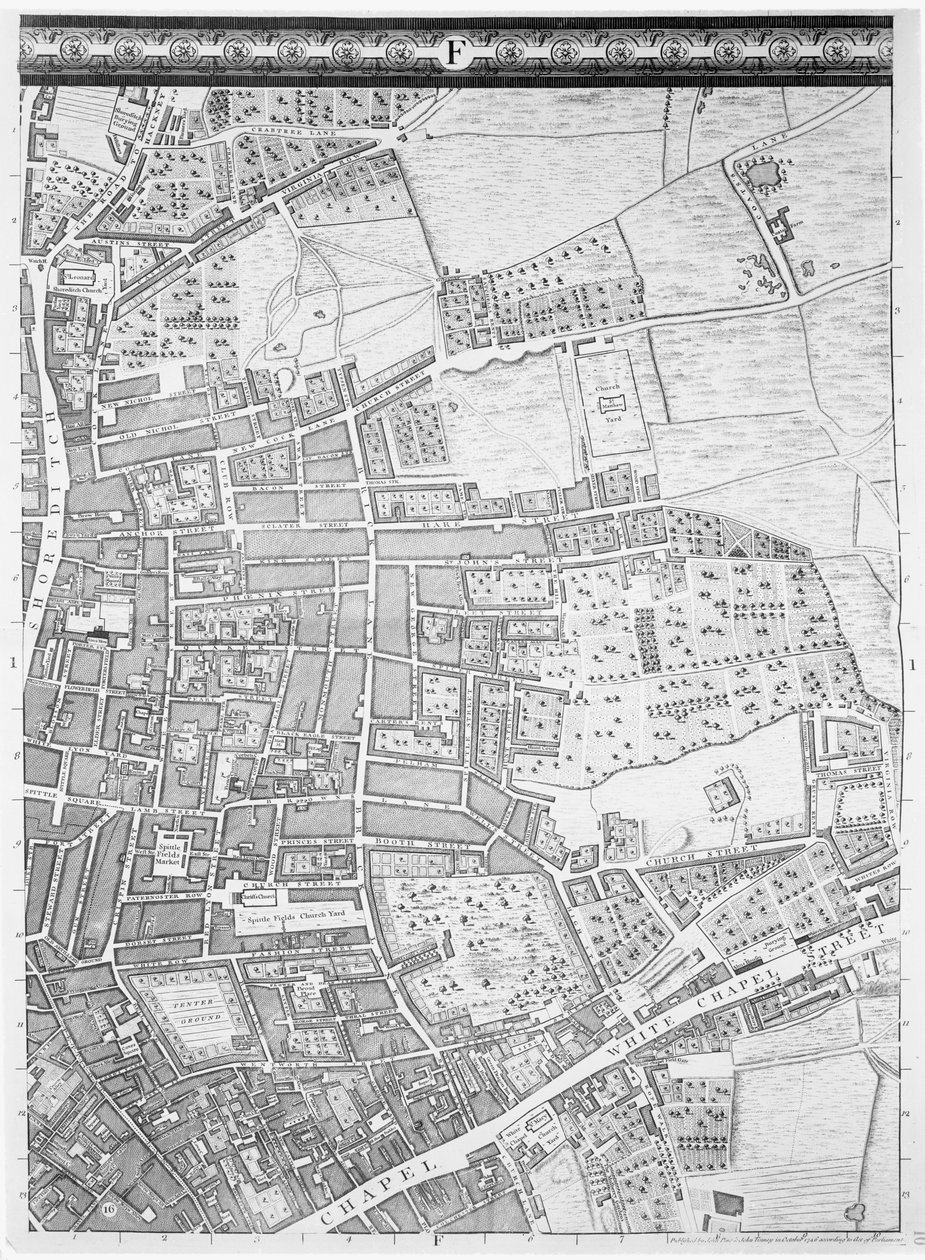 Mapa Shoreditch a Whitechapel, Londýn, 1746 od John Rocque