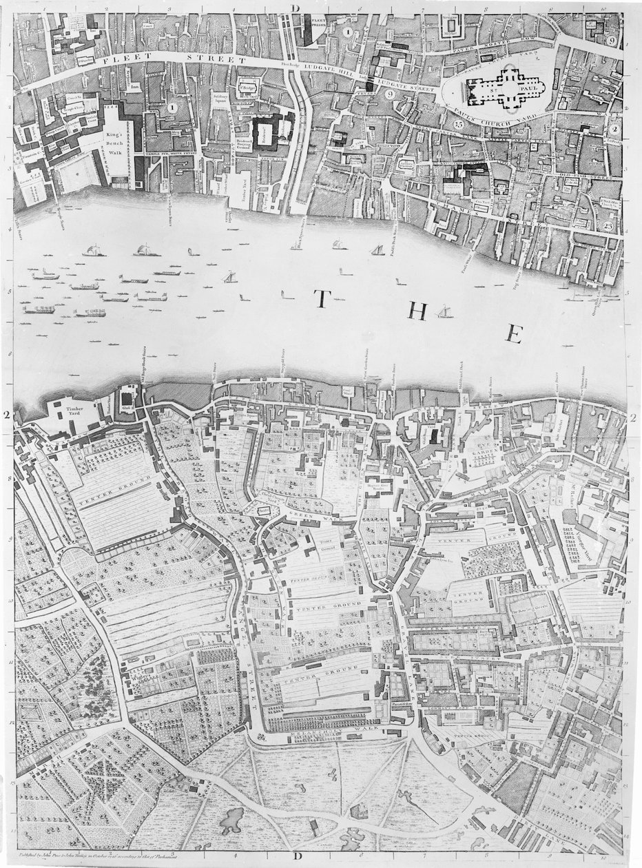 Mapa St Pauls a Bankside, Londýn, 1746 od John Rocque