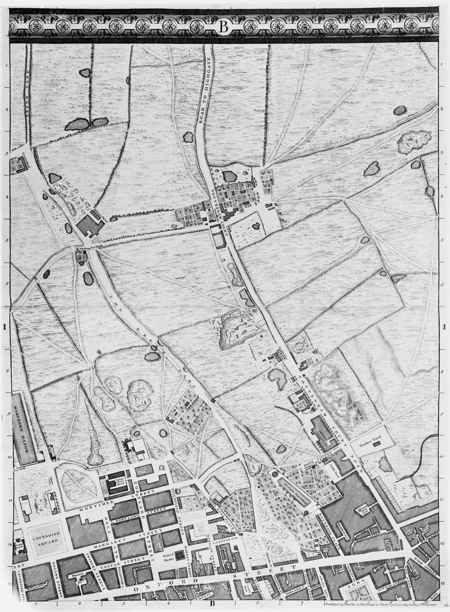 Mapa West End a Soho, Londýn, 1746 od John Rocque