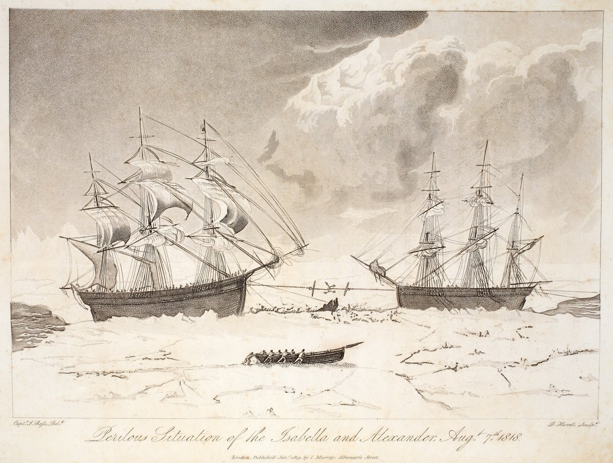 Nebezpečná situace Isabelly a Alexandra, 7. srpna 1818, ilustrace z „Objevitelské cesty...“, 1819 (ručně kolorovaná rytina) od John Ross