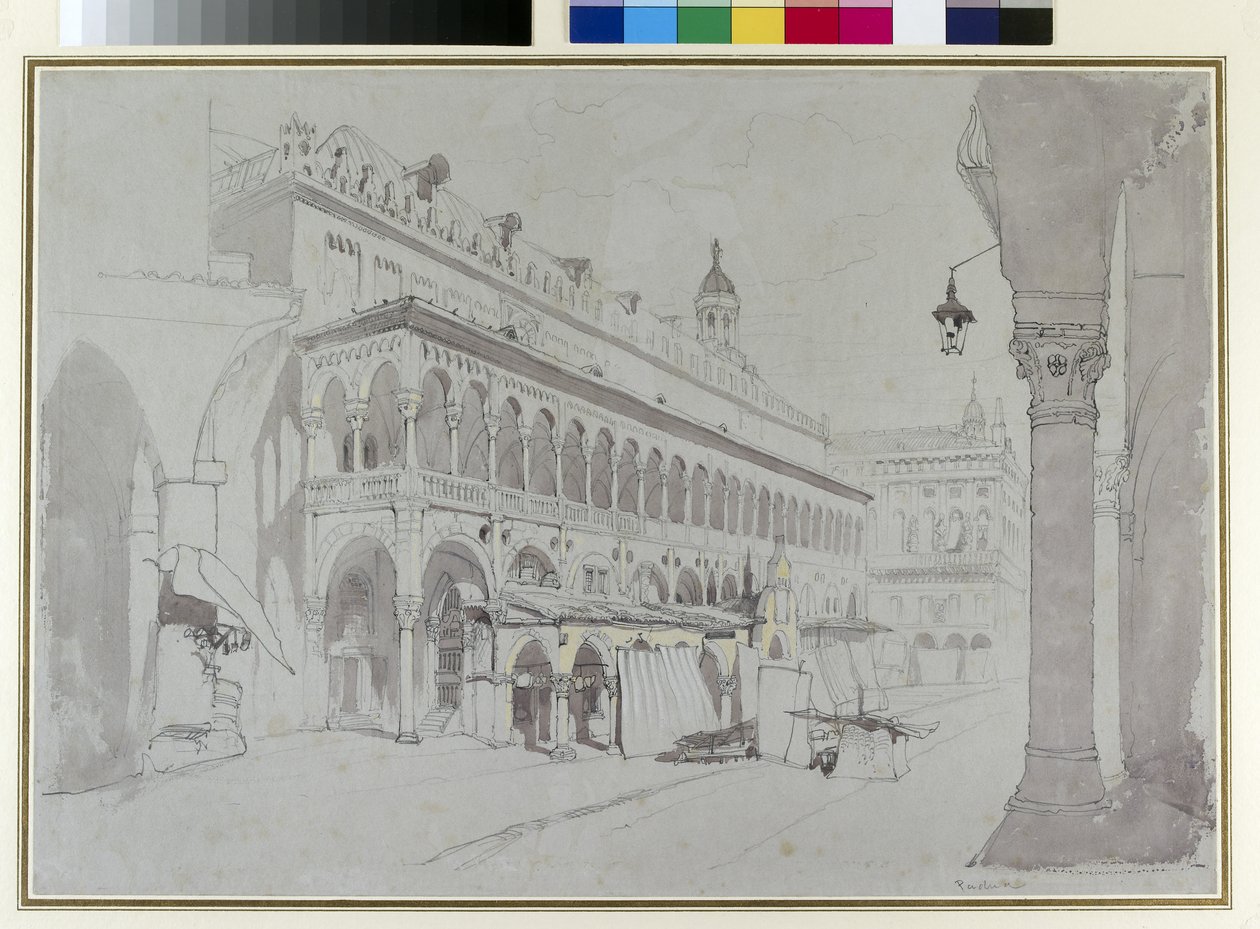 Palazzo della Ragione a Piazza delle Erbe, Padova, květen 1841 (grafit, akvarel, tělová barva a pero a inkoust na šedém papíře) od John Ruskin