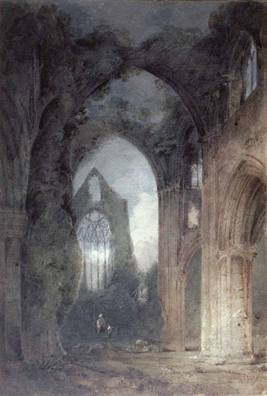 Tintern Abbey by Moonlight (pero a hnědý inkoust a wc na papíře) od John Sell Cotman