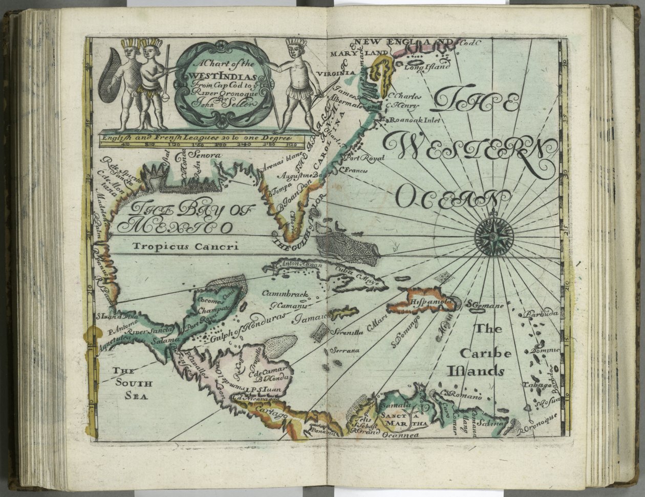 Mapa Západní Indie od Cape Cod po řeku Oronoque z Atlas maritimus od Johna Sellera, 1682 (ručně kolorovaná rytina) od John Seller