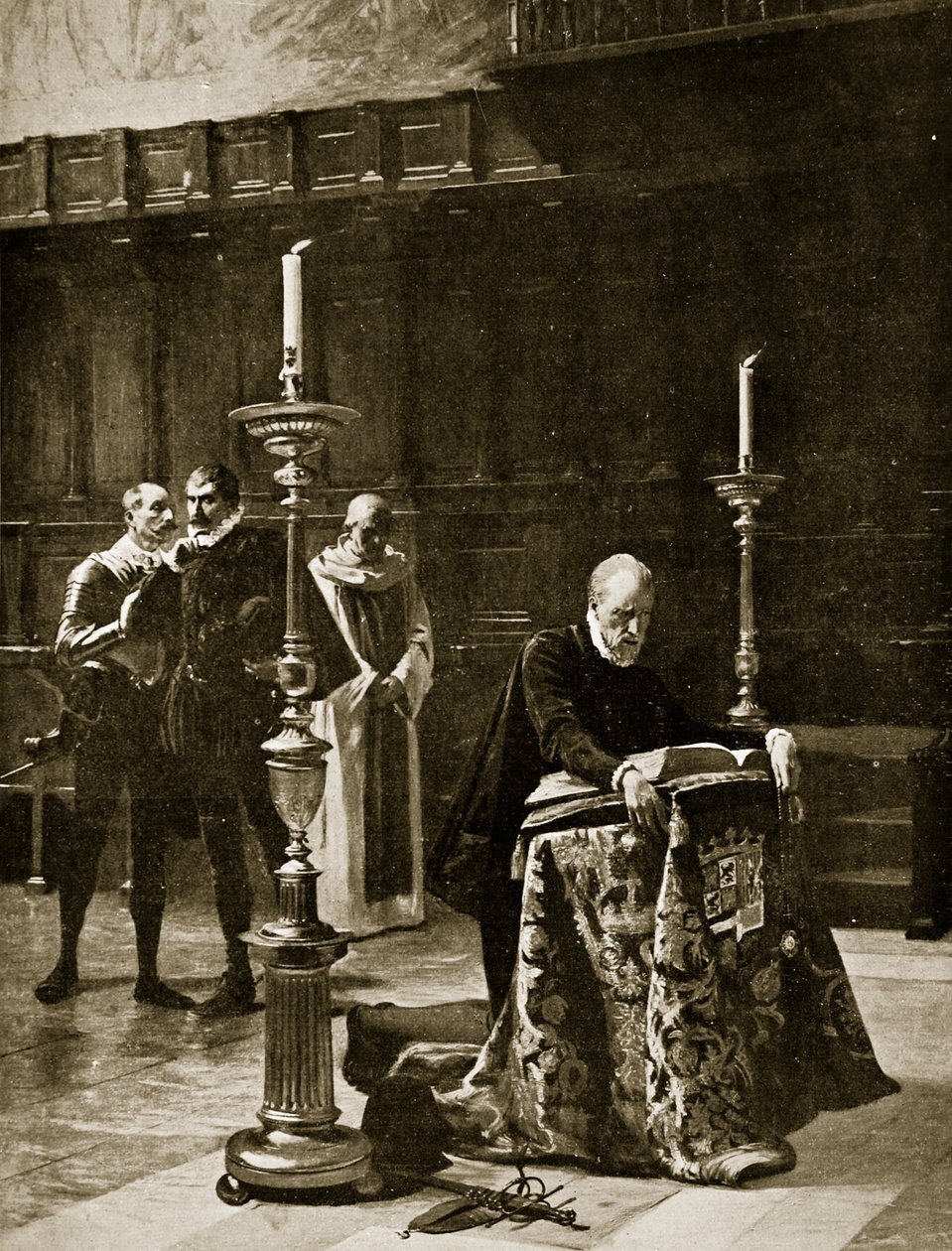 Filip II. přijímá zprávu o porážce Armady, ilustrace z knihy "Hutchinson
