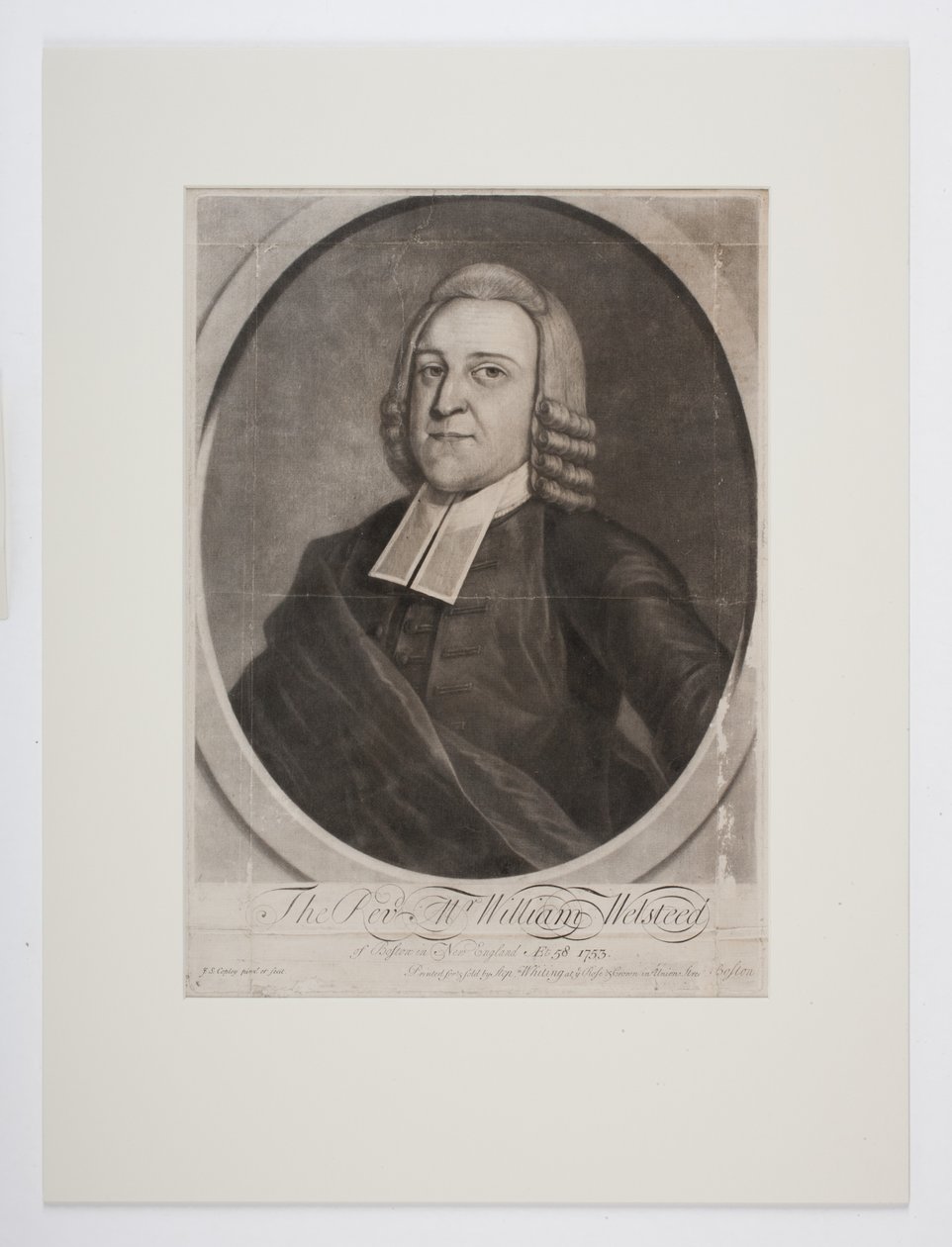 Rev. pan William Welsteed z Bostonu, Nová Anglie, kolem roku 1753 (mezzotinta) od John Singleton Copley