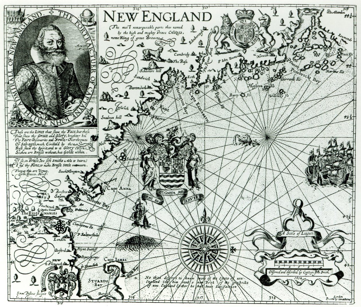 Mapa pobřeží Nové Anglie v roce 1614, vyryla Simon de Passe (1595-1647) 1616 od John Smith 2