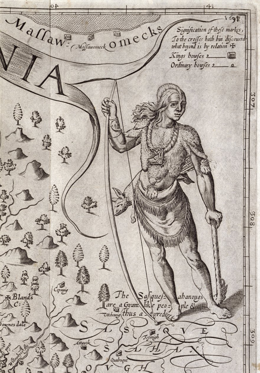 Susquehannock warrior, detail z mapy Virginie, vyrytý Williamem Holem (fl. 1607-24), publikováno 1612 (viz 174211) od John Smith 2