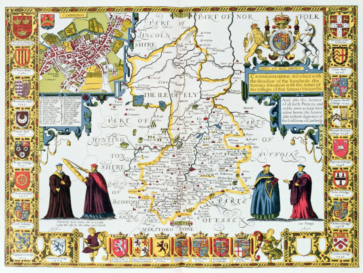 Cambridgeshire, vyryl Jodocus Hondius (1563-1612) z John Speed