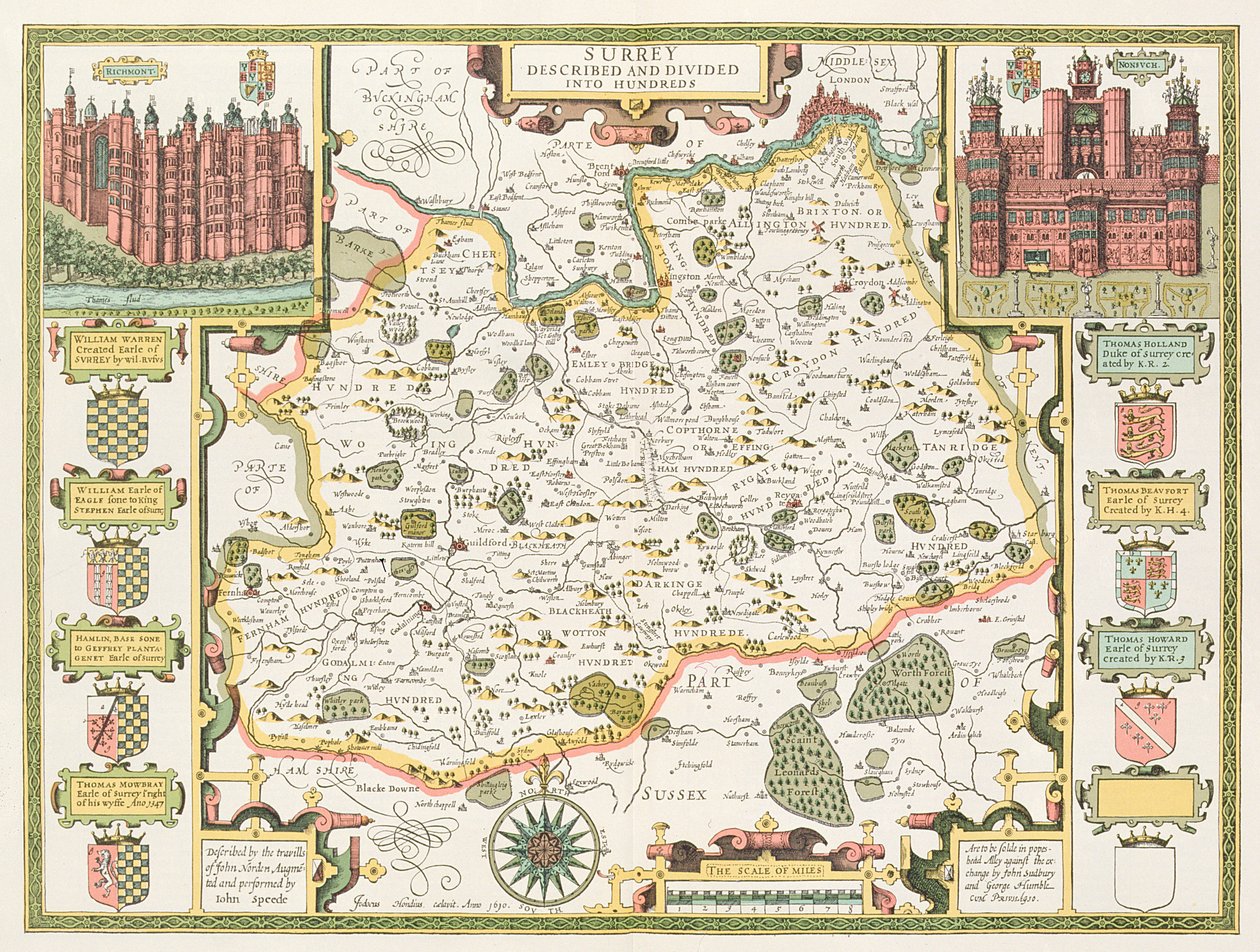 Mapa Surrey, vyrytá Jodocem Hondiem (1563-1612) z John Speed