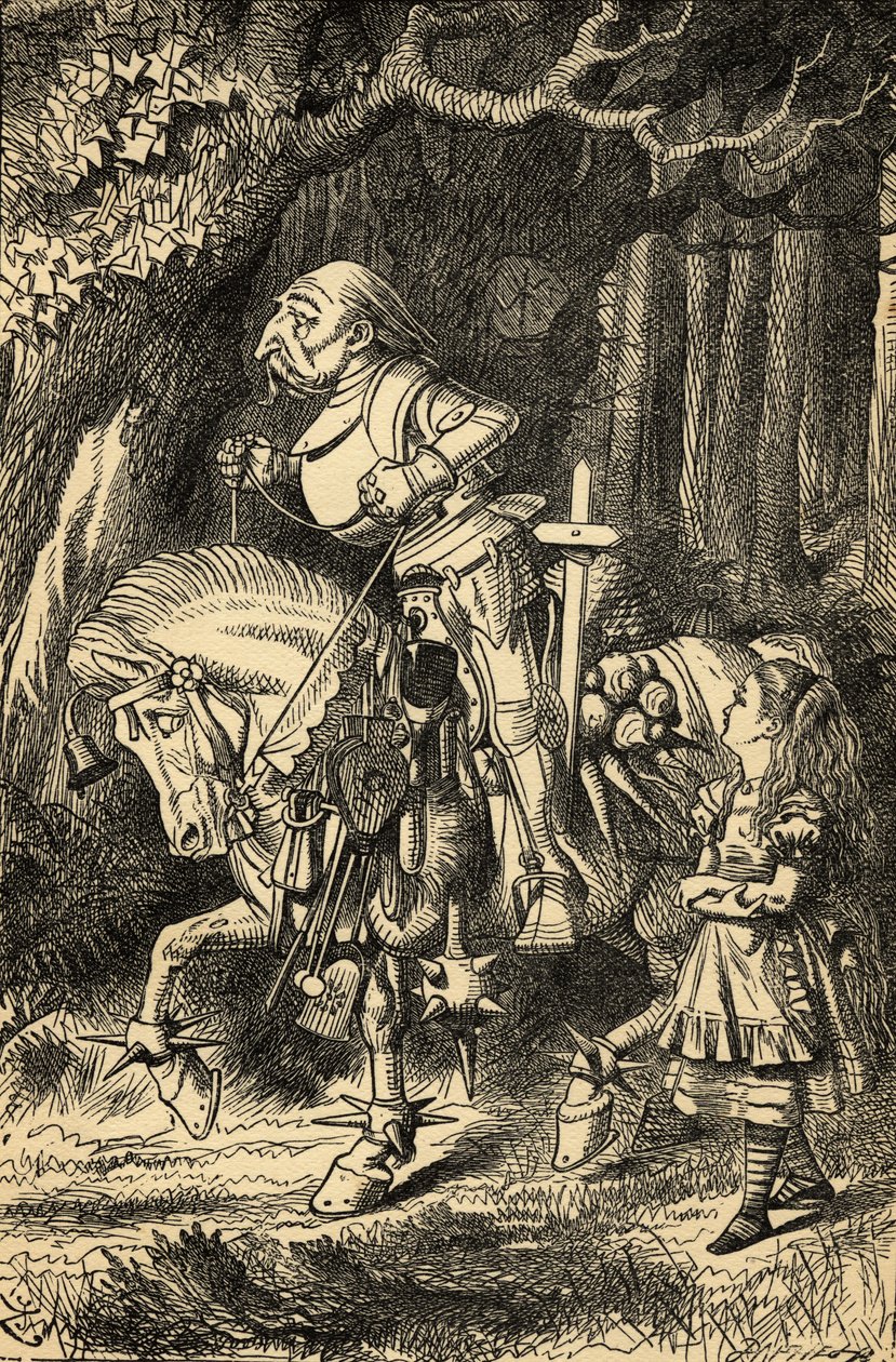 Alenka a bílý rytíř, ilustrace z „Alenka v říši divů“ od Lewise Carrolla (1832-98), poprvé publikována v roce 1865 od John Tenniel