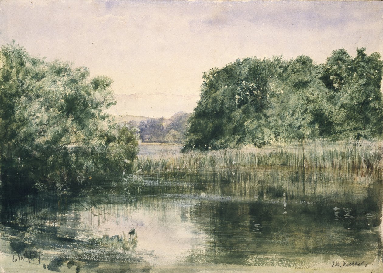 Pohled na jezero se stromy, 1857 (akvarel na papíře) od John William Inchbold