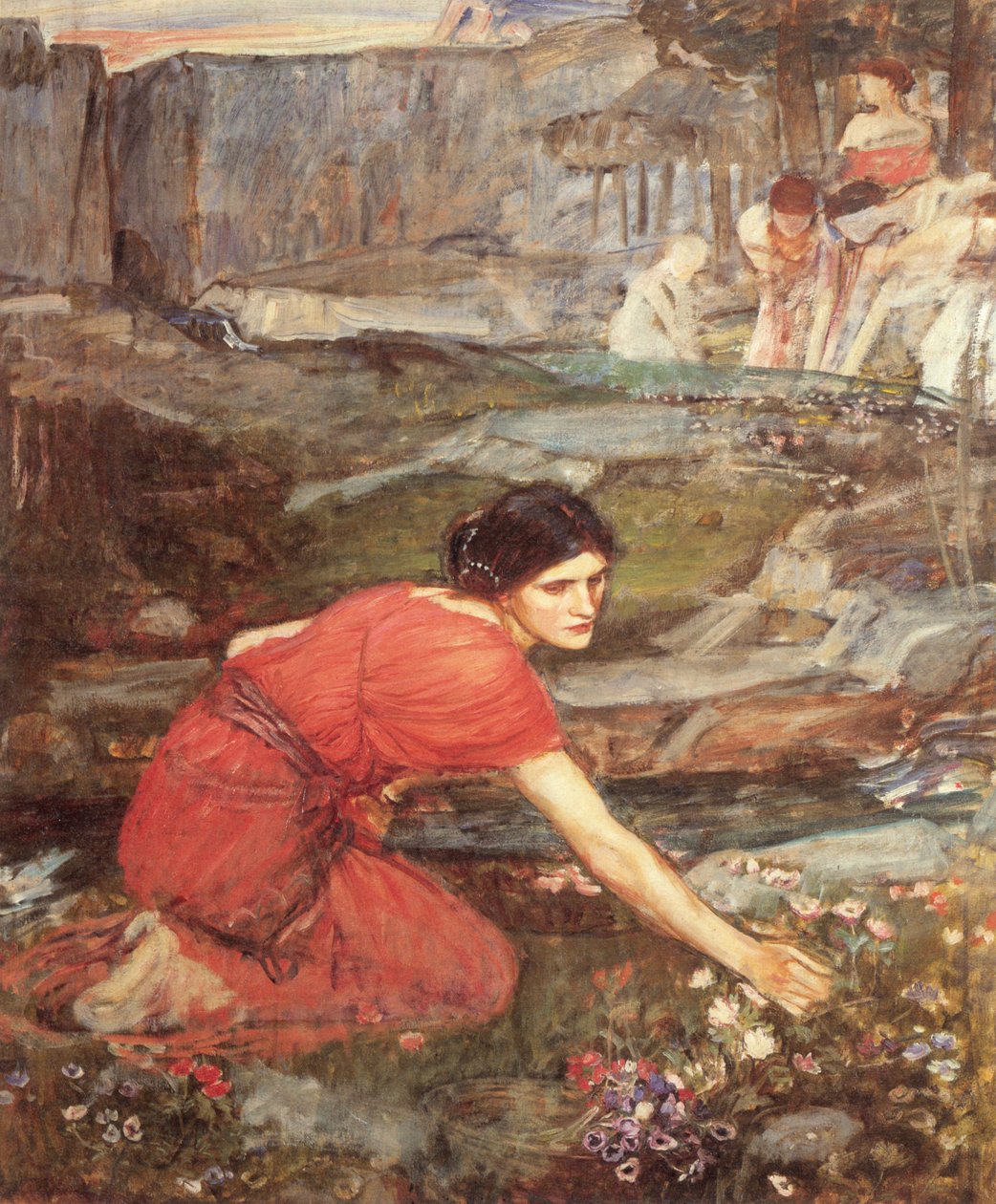 Dívky sbírající květiny u potoka od John William Waterhouse