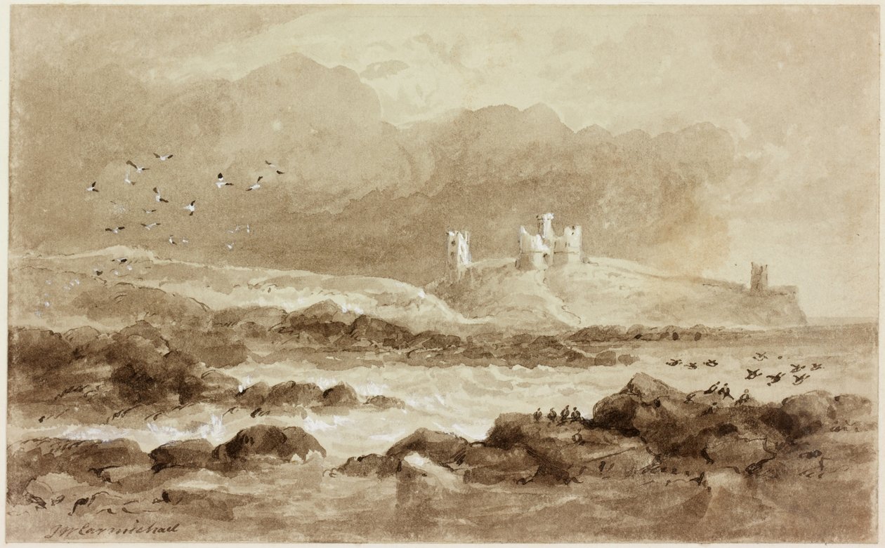 Dunstanburgh z jihu (barva těla (bílá) a inkoust (sépie) na papíře) od John Wilson Carmichael