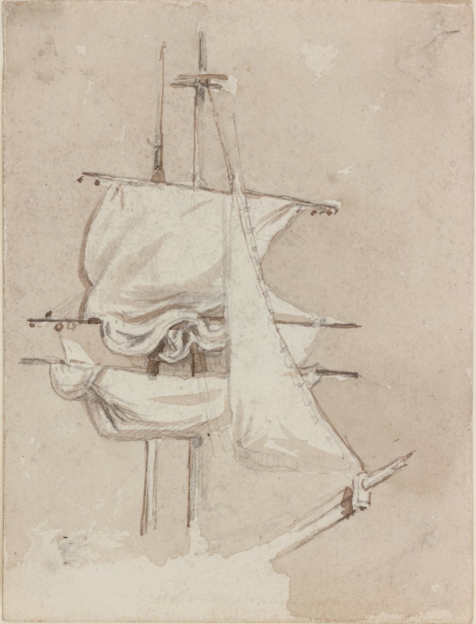 Plachty na čtvercovém stěžni (tužka a akvarel (monochromatický) na papíře) od John Wilson Carmichael