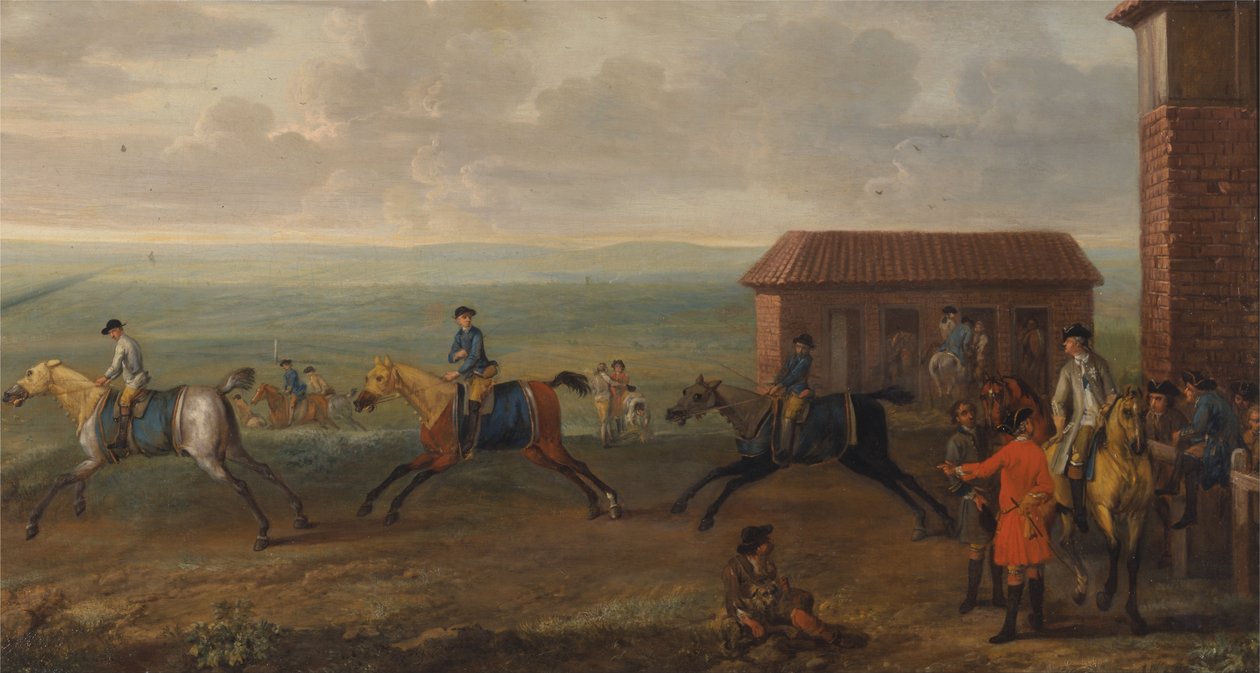 Lord Portmore sleduje dostihové koně při cvičení na Newmarket Heath od John Wootton