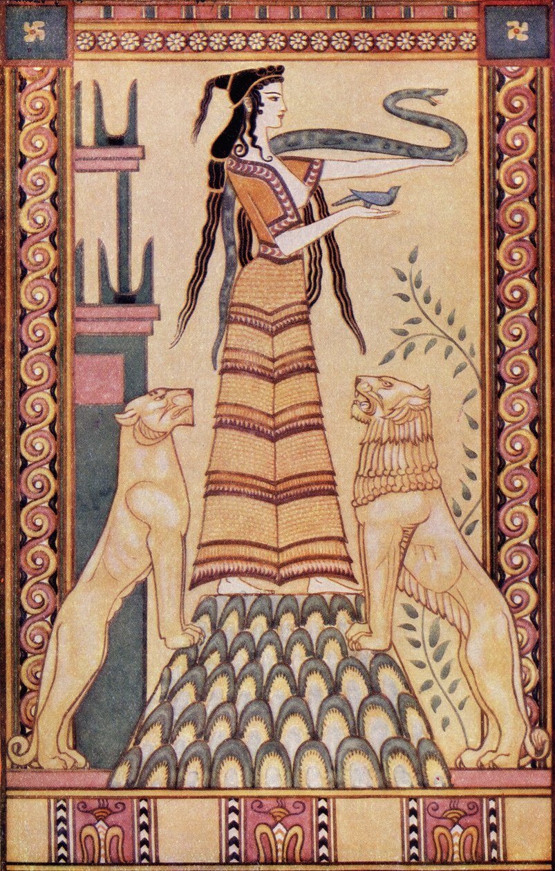 The Snake Goddess of Crete, ilustrace z „Mýtů o Krétě a předhelénské Evropě“ od Donalda A. Mackenzieho, publikované v roce 1917 od after John Duncan