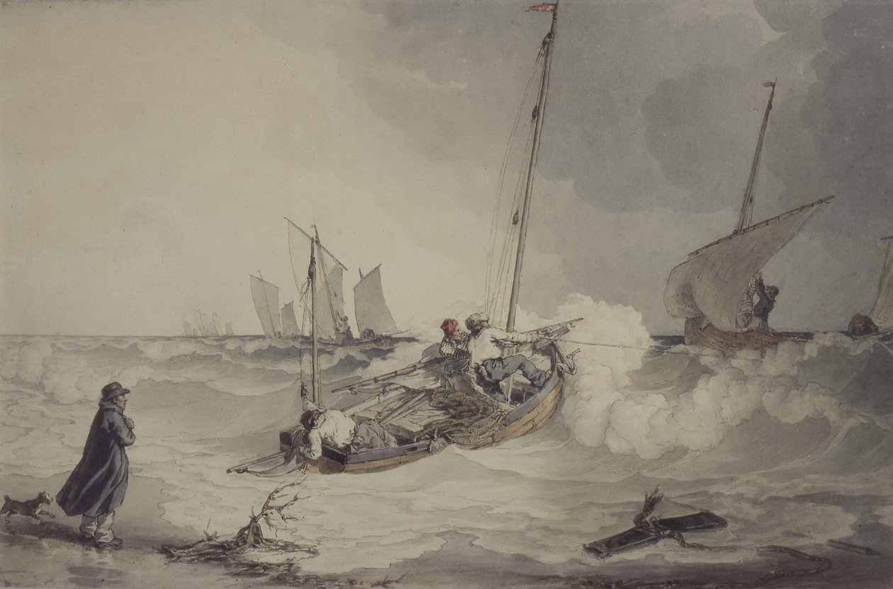 Rybářské lodě jít ven, akvarel od John Augustus Atkinson