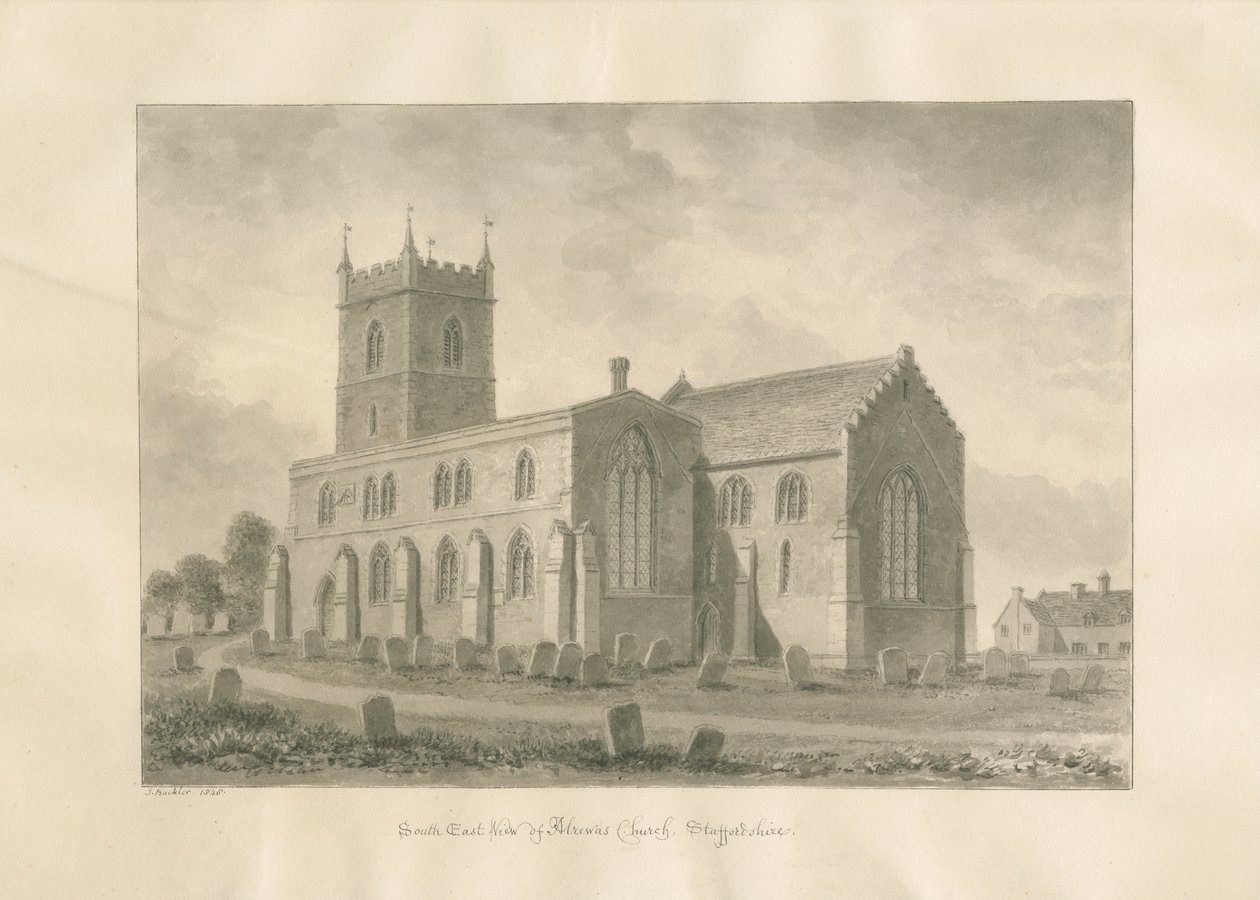 Kostel Alrewas: sépiová kresba, 1848 od John Buckler