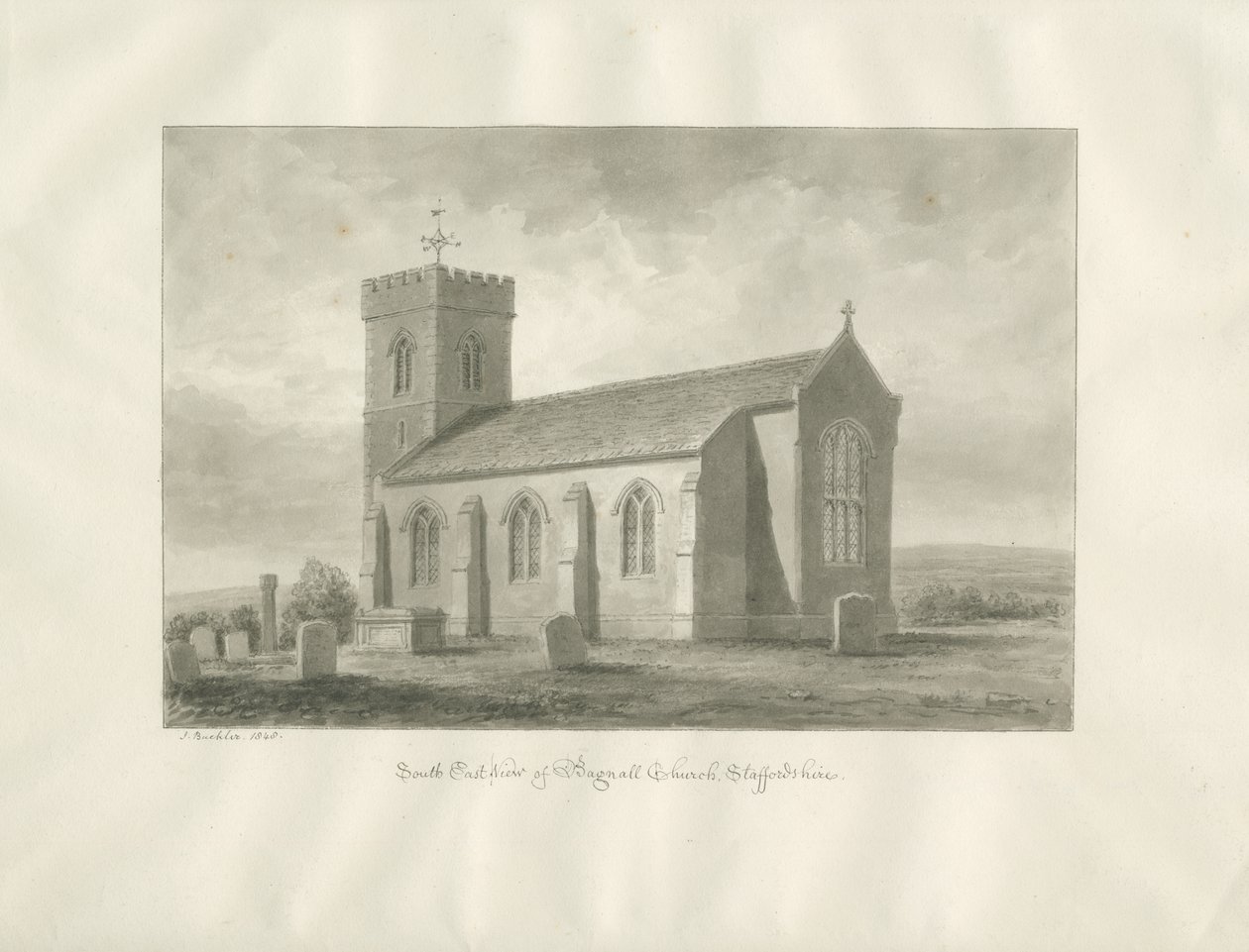 Bagnall Church: sépiová kresba, 1848 od John Buckler