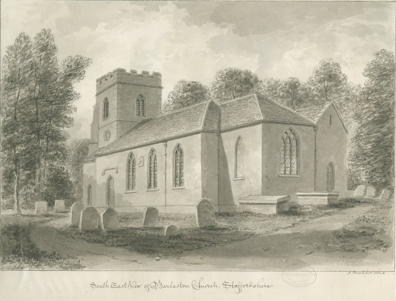 Barlaston Church: sépiová kresba, 1844 od John Buckler