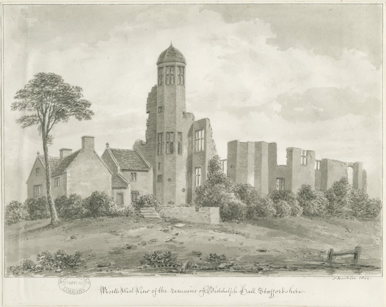 Biddulph Hall (starý): sépiová kresba od John Buckler
