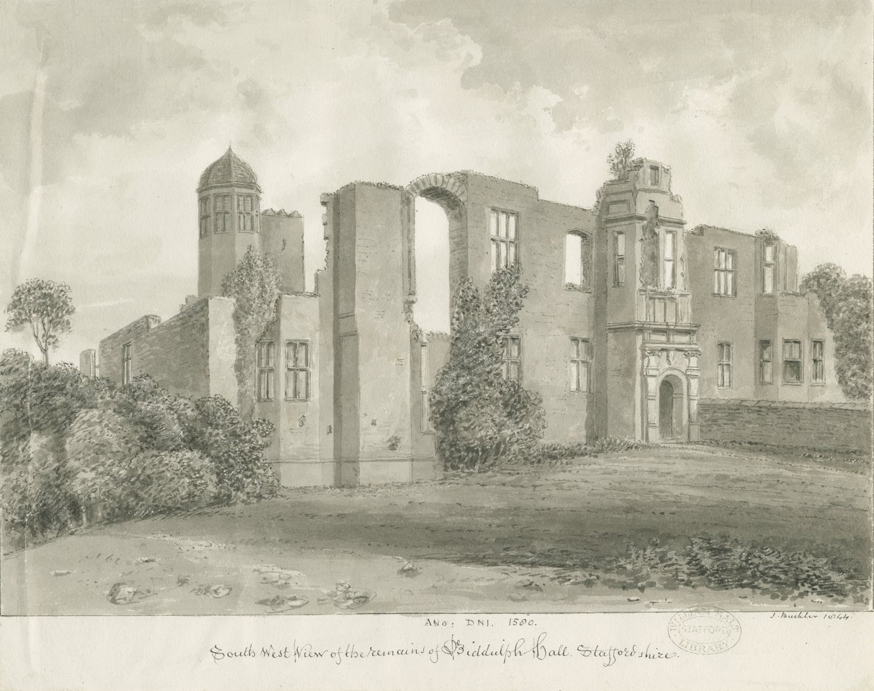 Biddulph Hall (starý): sépiová kresba od John Buckler