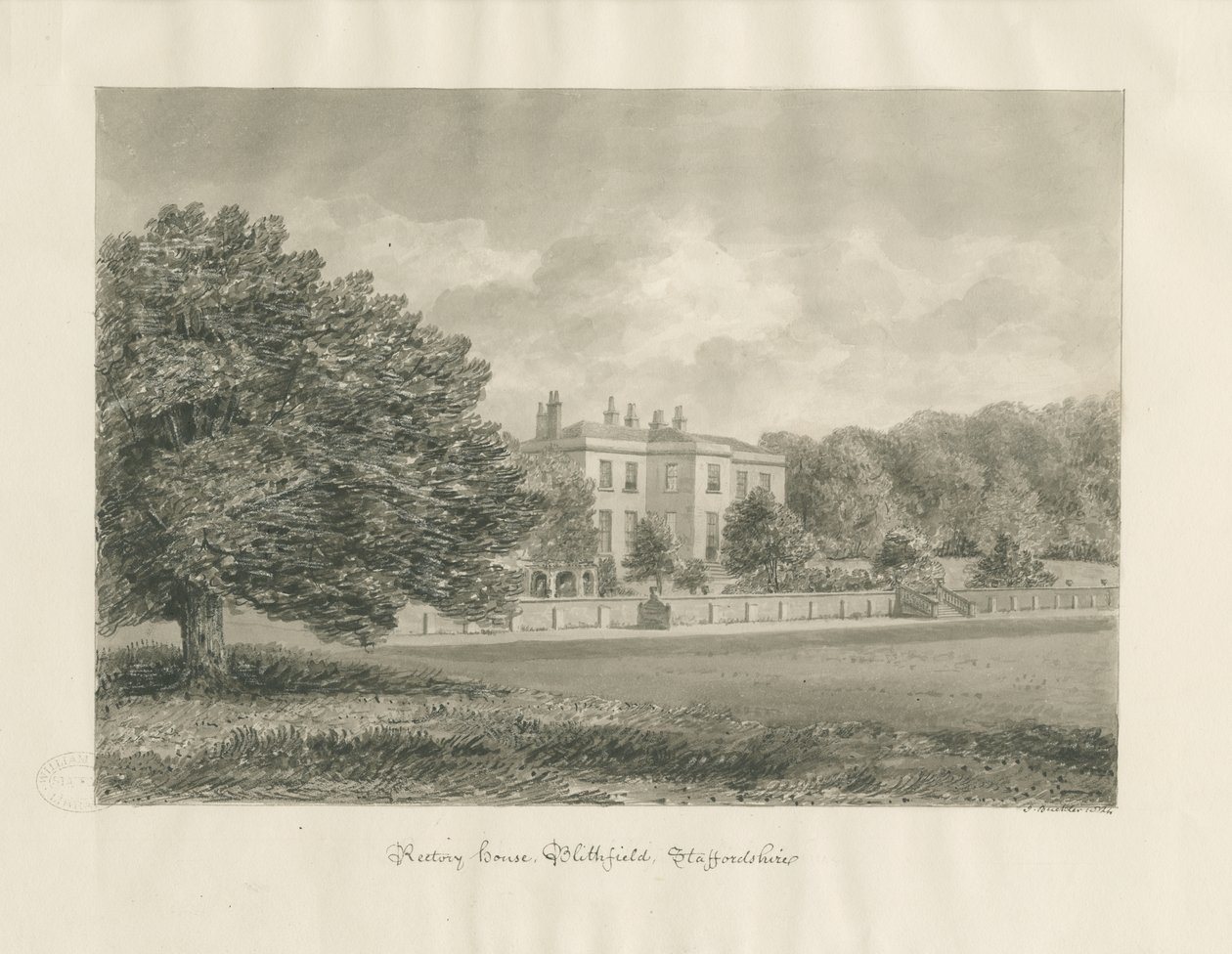 Blithfield - Rectory: kresba v sépii od John Buckler
