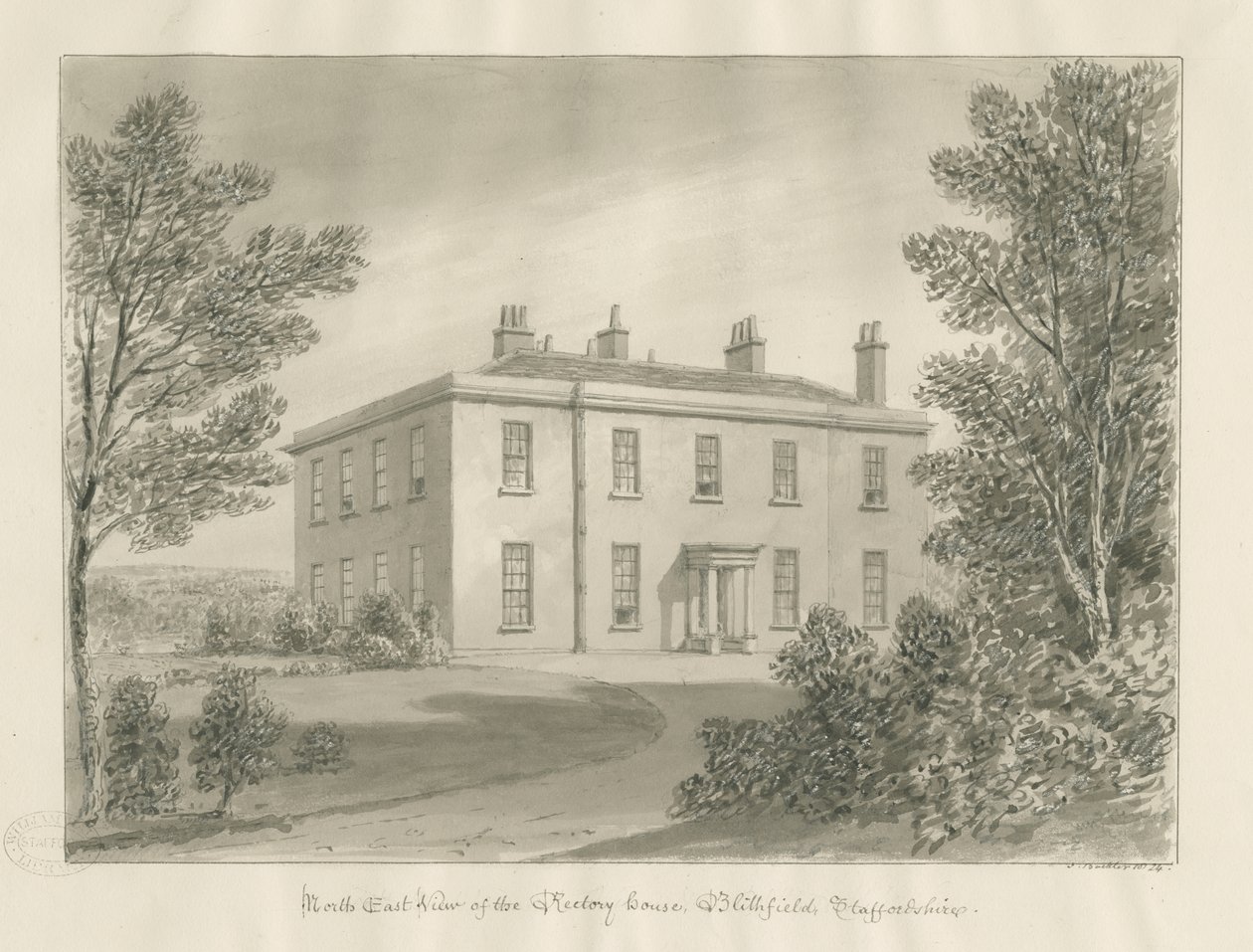 Blithfield - Fara: sépiová kresba, 1824 od John Buckler